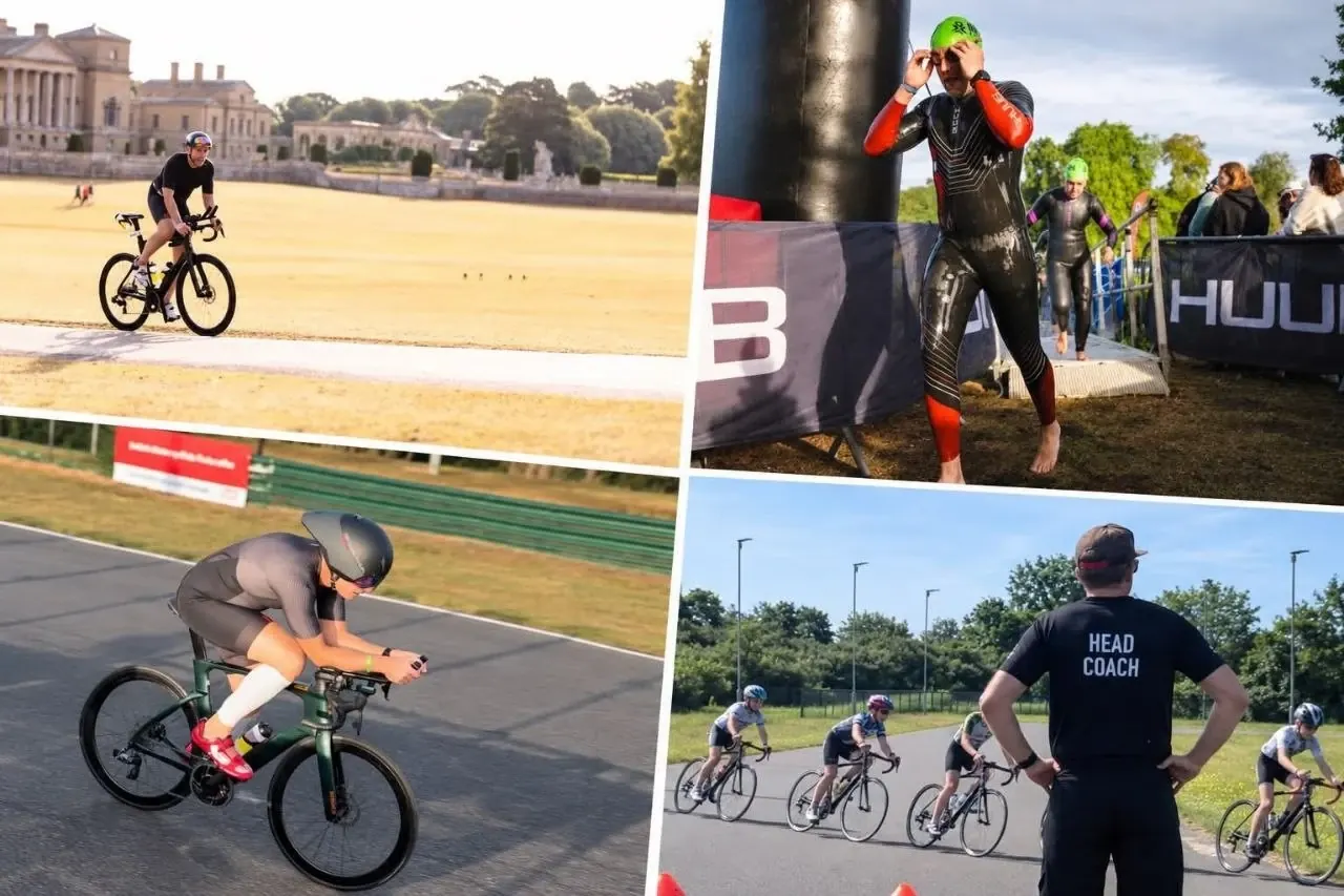 Cycle-Tri racing: riding past a stately home, exiting the swim in a wetsuit, on the time trial bike at a circuit, and coaching junior riders
